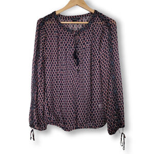 Lucky Brand Diamond Pattern Peasant Top Beaded Navy Red White Size XS